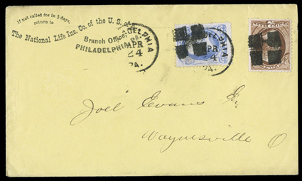 134, 135, 1c Ultramarine and 2c Red brown with I grill, each well centered and possessing easily seen “I” grills, tied by “PhiladelphiaPa.Apr 24” duplex with unusual quartered
square obliterator, to 1873 corner card cover of “The National Li