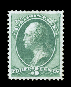 136, 3c Green with grill, flawlessly centered within uncharacteristically large margins, deep rich color, full o.g. which shows clear grill points, relatively lightly hinged,
extremely fine actually a very rare stamp in this gem quality easi