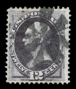140, 12c Dull violet with H grill, used example of this scarce grilled stamp, with a well impressed H grill showing the unusual variety of being only eleven rows wide by
fifteen high, H grills nearly always have twelve or thirteen rows