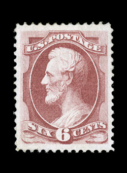 148, 6c Carmine, an eye-arresting mint example in a quality that is rarely, if ever, encountered on this surprisingly difficult stamp, featuring perfect centering amid
enormously large margins for the issue, additionally this stamps color is co