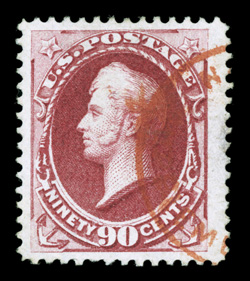 155, 90c Carmine, particularly well centered within remarkably wide margins, the size of which is rarely seen on this high value, radiant color and a strong impression on
bright paper, all wonderfully complemented by the bright red supplementa