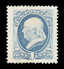 156, 1c Ultramarine, a phenomenal mint single which possesses margins of gigantic proportions, being nearly perfectly centered amid these breathtaking borders, brilliantly
fresh color, full clean o.g., lightly hinged, extremely fine a spectacul