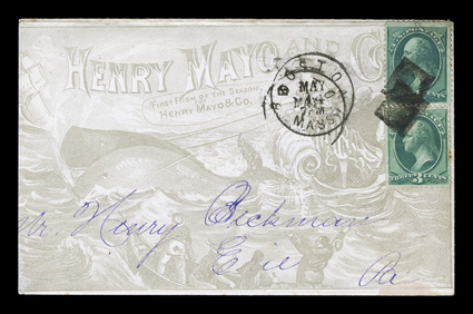 158, 3c Green, two singles tied to gorgeous all-over whaling scene advertising cover by two strikes of unusual square boxes, with matching Boston c.d.s. to left, addressed to
Erie, Pa., gray design of Henry Mayo and Co.- First Fish of the