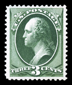 158 var., 3c Olive green on ribbed paper, well centered within wide margins, gorgeous color in this distinctive shade, razor-sharp impression on bright paper, o.g., faint
horizontal crease at top, otherwise very fine the first example of this