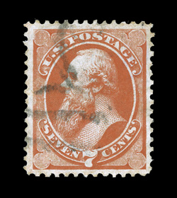 160, 7c Vermilion, beautifully centered within large margins, strong bright color, fairly light cancel, extremely fine 2005 PSE certificate (XF-Superb 95 SMQ
$600.00).