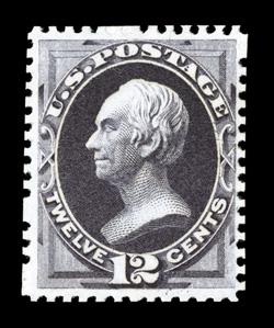 173, 12c Dark violet special printing, without gum as issued, a remarkably fresh and choice example of this rare stamp, possessing deep prooflike color and impression on
brilliantly white paper, exceptionally well centered, although scissor-sepa