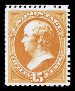 174, 15c Bright orange special printing, without gun as issued, a marvelously choice example of one of the most difficult of all the Hard Paper Special Printings to find in
premium condition, being one of the very few known with perforations on
