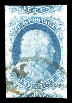 7, 1c Blue, Ty. II, a most impressive used example from Plate One Early, sporting gigantic margins on all four sides, including portions of three adjoining stamps, fresh powder
blue color, light c.d.s. and a tiny ms. mark at bottom left, extre