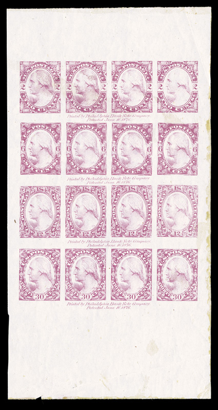 183-E2d, 2c-30c Plate 2 composite sheet of sixteen on dull deep red violet, showing rows of the 2c, 6c, 12c and 30c designs, o.g., some light gum staining mostly at right,
couple margin creases, very fine appearance.