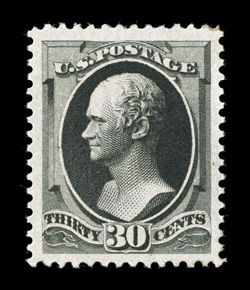 190, 30c Full black, a superlative mint copy that ranks as one of the finest mint examples extant, as it possesses exceptional physical traits that rarely converge on a single
stamp, including being remarkably well centered within enormously