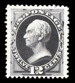 198, 12c Blackish purple special printing, without gum as issued, well centered within extra-large margins, deep intense color and a razor-sharp impression on fresh paper,
intact perforations all around, a very fine and choice example of this ra