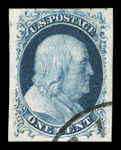 7, 1c Blue, Ty. II, a truly superb used example, possessing four huge and perfectly balanced margins, even its color is out of the ordinary, being unusually deep and rich,
outstanding impression as well on bright paper, neat face-free town postm