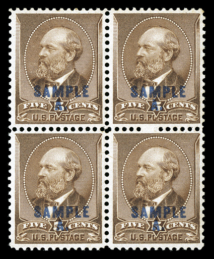 205S-L, 5c Yellow brown, with Sample A. overprint, block of four, unusually well centered, strong bright color, clean o.g., lightly hinged, very fine and choice blocks are
scarce, particularly so in this impressive quality.