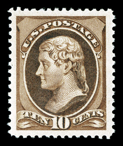 209, 10c Brown, a visually striking mint single, featuring huge margins all around and being flawlessly centered within these lavish borders, excellent color that is especially
deep and rich, well incised impression, o.g., lightly hinged, superb