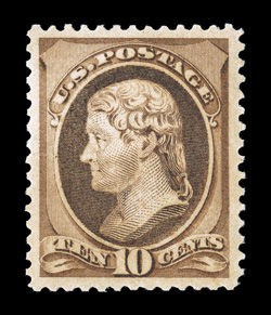 209, 10c Brown, pristine post office mint single, not only possessing a marvelous overall freshness but is incredibly well centered as well, with large margins all around,
luxuriously rich color and a crisp detailed impression, unblemished o.g