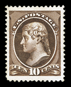 209b, 10c Black brown, an incomparable mint example of this very rare and distinctive Scott listed shade variety, possessing the most immense margins imaginable for any stamp,
let alone this elusive variety, flawlessly centered amid this vast ex