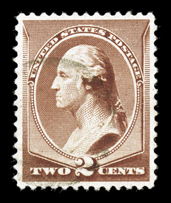 210, 2c Red brown, excellent centering within balanced margins, fresh color, uncommonly light circular ring cancel, extremely fine and particularly choice 2008 PSE certificate
(XF-Superb 95 SMQ $120.00).