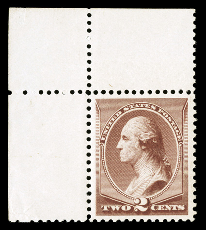 211B, 2c Pale red brown special printing, an incomparable mint single that is the finest quality example of this scarce special printing we have ever offered, as this is a
spectacular top left corner margin copy in a condition that could not