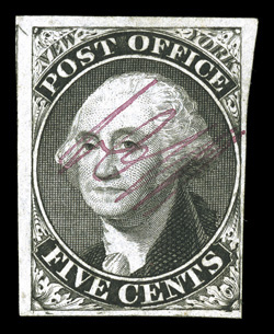 9X1, New York, N.Y. 5c Black Postmaster Provisional, signed ACM connected, position 29, a rare mint example, possessing nearly full original gum, margins range from very large to
close at bottom right, strong color and a sharp impression, very f