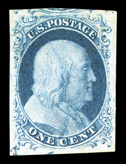 7, 1c Blue, Ty. II, four exceptionally large margins including a portion of the adjoining stamp at top, strong rich Plate 2 color, light blue town cancel, extremely fine
gem.