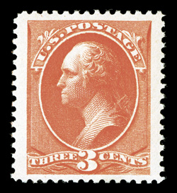 214, 3c Vermilion, visually striking jumbo-margined mint example, boasting enormously large margins all around and being incredibly well centered within them, radiant color and
a prooflike impression, pristine o.g. (although natural slight short
