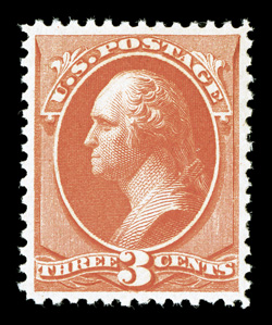 214, 3c Vermilion, deep intense color, excellent centering, pristine o.g., never hinged, extremely fine and choice 2008 PSE certificate (XF 90 SMQ $490.00).