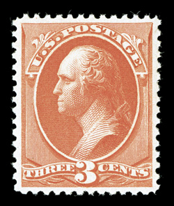 214, 3c Vermilion, particularly well centered and margined, bright color, o.g., never hinged, extremely fine 2008 PSE certificate (XF 90 SMQ $490.00).