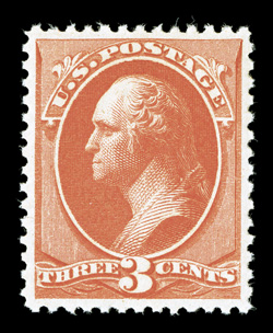 214, 3c Vermilion, exceptionally well centered, brilliantly fresh, o.g., never hinged, extremely fine 2008 PSE certificate (XF 90 SMQ $490.00).