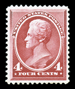 215, 4c Carmine, impressive mint single, very well centered within large margins, strong bright color, o.g., never hinged, extremely fine 1985 and 2007 PF certificates, as well
as a 2005 PSE certificate.