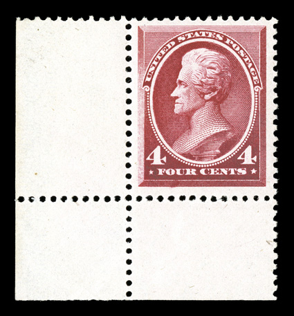 215, 4c Carmine, an exceedingly handsome bottom left corner sheet-margin single, possessing margins of impressive size and being marvelously well centered with them, intense
color and impression on bright paper, o.g., just the barest trace of hi