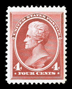 215, 4c Carmine, outstanding centering within particularly tall margins, strong color and impression, full clean o.g., lightly hinged, extremely fine a highly desirable mint
example 1983 and 2003 PF certificates.