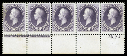 218, 90c Purple, full bottom margin imprint and plate No. 23 strip of five, deep vibrant color and a sharp impression, nicely centered, o.g., four stamps lightly hinged, left
stamp with disturbed o.g. from hinge removals, a few minor hinge rei