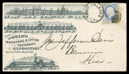 1884-1885 Worlds Industrial & Cotton Centennial Exposition postal history collection of 25 items, 17 of which are illustrated covers relating to this early fair, the first
Worlds Fair in the Southern United States, most of the illustrations
