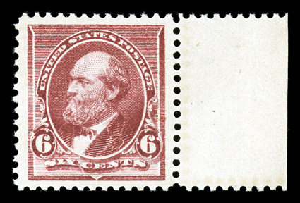 224, 6c Brown red, a magnificent right sheet-margin mint single in a quality that is almost never encountered on this stamp, as it possesses impeccable centering amid
particularly wide margins, lovely fresh color as well, o.g., never hinged, ext