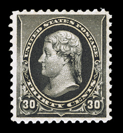 228, 30c Black, uncharacteristically well centered within large margins, deep color and impression, o.g., never hinged, extremely fine and choice actually a rare and very
challenging stamp to find in premium never hinged quality 2000 and 2005
