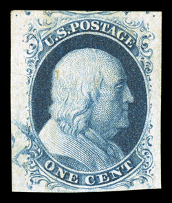7, 1c Blue, Ty. II, large to enormous margins on all four sides, deeply rich color and an excellent impression, light blue cancel, extremely fine 1989 PF
certificate.