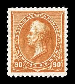 229, 90c Orange, a striking jumbo-margined mint example, featuring huge and wonderfully well balanced margins all around, plus its color is especially intense and its
impression deeply etched on bright paper, o.g., lightly hinged, extremely fine