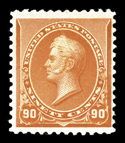 229, 90c Orange, pristine mint single, with gorgeous bright color, large margins, o.g., never hinged, nearly very fine 1998 PF certificate.