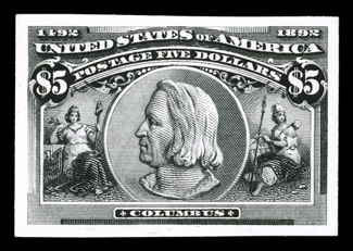 230P4-45P4, 1c-$5.00 Columbians, plate proofs on card cplt., all with four large margins, brilliantly fresh colors, choice very fine set.