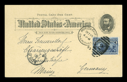 UPSS EX15-24, Columbian postal cards, set no. 2 of ten different cplt., the Womans Building being the variety without Mrs. Palmer Potters name, each with 1c Columbian (two with
natural s.e.) tied by Worlds Fair Sta.Chicago, IllOct 19 93 d