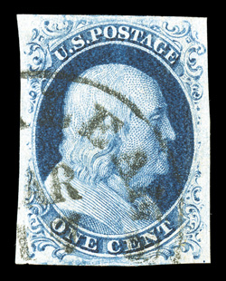 7, 1c Blue, Ty. II, used, four large and wonderfully well balanced margins, gorgeous intense color and impression on bright paper, neat New Orleans c.d.s., extremely fine a
select used single 1993 PSE certificate.