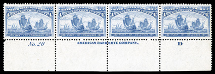 233, 4c Columbian, bottom margin imprint, letter D and plate No. 20 strip of four, exceptionally well centered and margined, strong rich color, o.g., lightly hinged, very fine
and handsome.