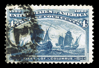 233a, 4c Blue Columbian, error of color, color, a highly collectable example of this extremely rare and popular color error, actually being seen with far less frequency used
than mint, possessing the preferred intensely dark blue color, fairly