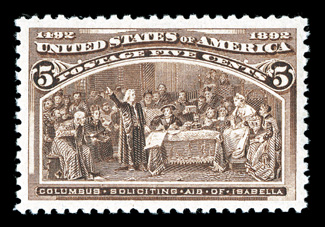 234, 5c Columbian, perfectly centered amid extravagantly large margins, rich luxuriant color and a razor-sharp impression on bright fresh paper, unblemished o.g. without a
single gum bend or skip, never hinged, an extremely fine gem a most impr