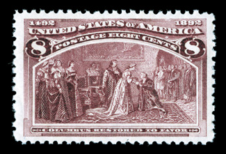 236, 8c Columbian, extraordinarily well centered amid extravagantly wide margins, brilliantly rich color and a sharp detailed impression, o.g., never hinged, extremely fine gem
a highly desirable Eight Cent Columbian 2005 PSE certificate (XF-S