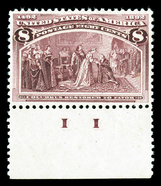236, 8c Columbian, bottom sheet-margin II single, impressively well centered, rich color, o.g., never hinged, extremely fine 2009 PF certificate (XF 90).
