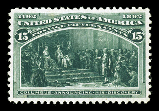 238, 15c Columbian, handsome mint single that is exceptionally well centered within large margins, deep intense color and a razor-sharp impression, pristine o.g., never hinged,
extremely fine 2002 PSE certificate (XF 90 SMQ $1,800.00).