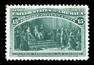 238, 15c Columbian, a most impressive mint single, marvelously well centered within extravagantly large margins, sumptuously rich color and a crisp detailed impression on
bright paper, o.g., lightly hinged, extremely fine the Fifteen Cent Colum