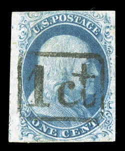 7, 1c Blue, Ty. II, ample to large margins all around, rich color, crisply struck boxed 1 ct (a carrier rate handstamp of St. Louis), very fine a rare and marvelously appealing
cancel on the One Cent 1851 issue 1990 PF certificate ex-