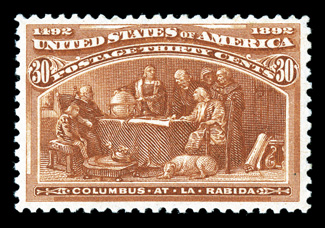 239, 30c Columbian, excellent centering within large margins, rich luxuriant color and a deeply etched impression, o.g., never hinged, extremely fine 2002 PF certificate and a
2008 PF certificate (XF 90).
